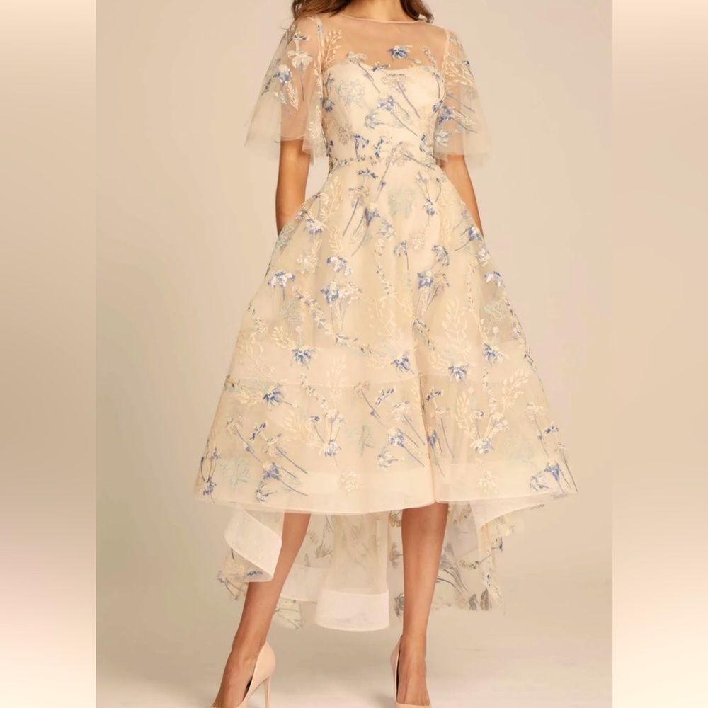 Teri Jon By Rickie Freeman Embroidered Midi Dress Women's High Low 10